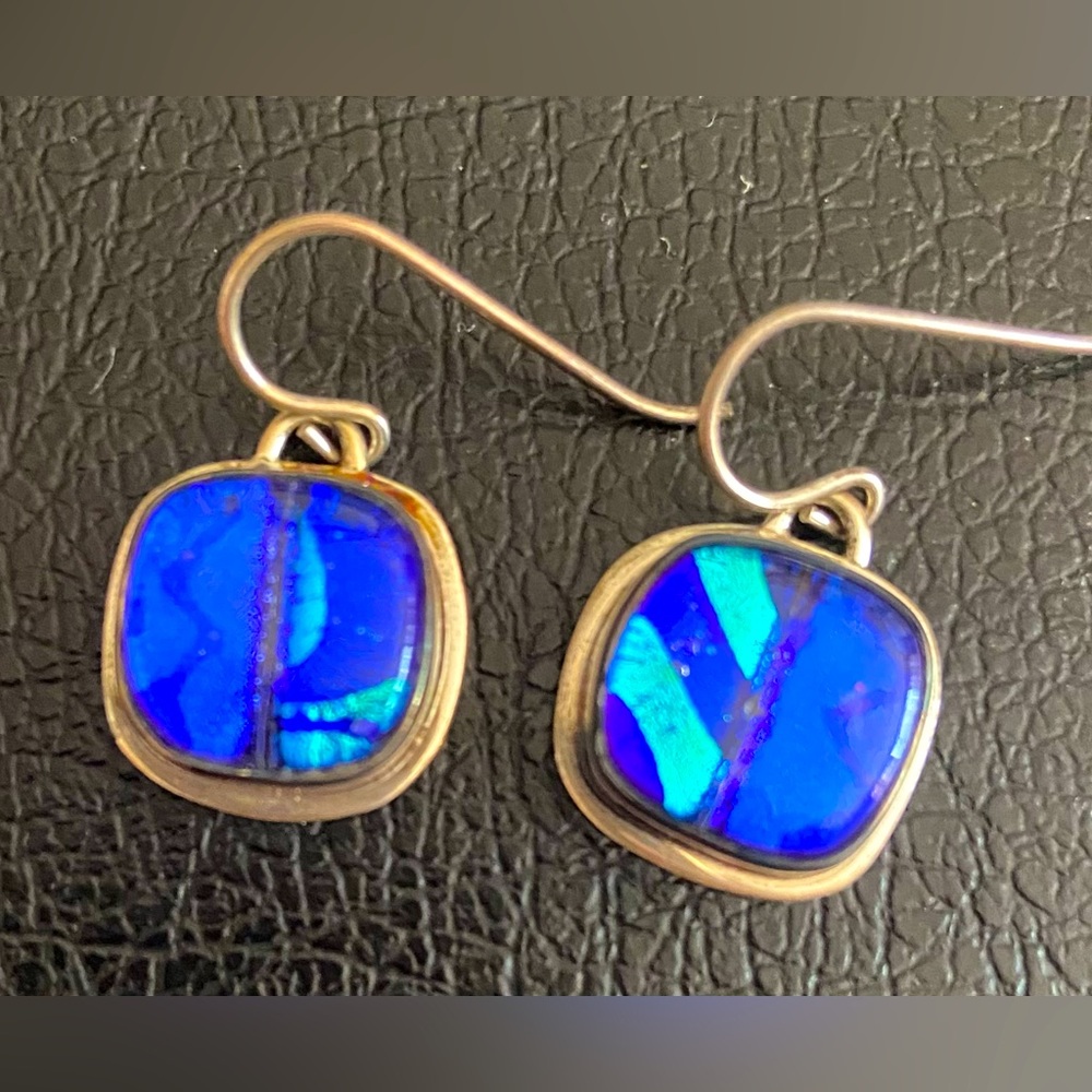 Royal blue and turquoise glass earrings set in sterling